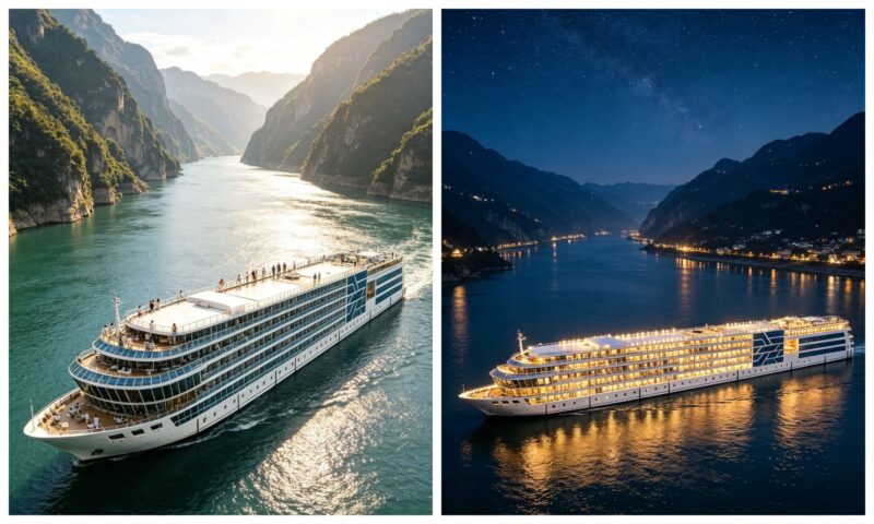 Luxury Yangtze River Cruise ship sailing at night from Chongqing to Yichang