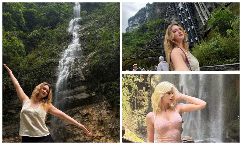 Visitors enjoying waterfall scenery during a Wulong tour from Chongqing